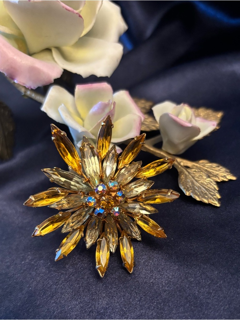 Amber Crystal Sunburst Brooch - Gold-Tone Floral Pin